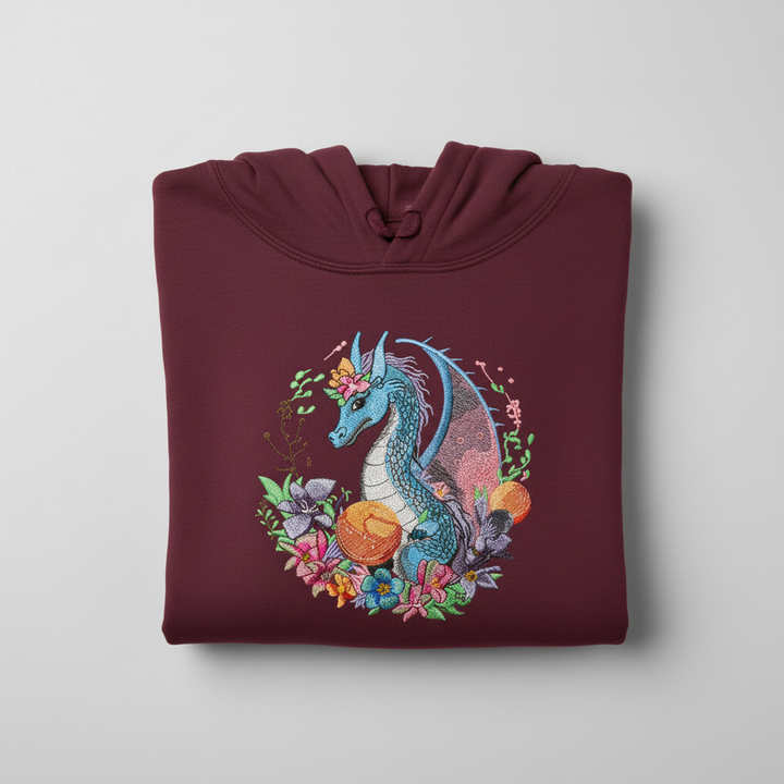 Blue Dragon &amp; Floral — Premium Embroidered Hoodie | Original EmbroMania Design