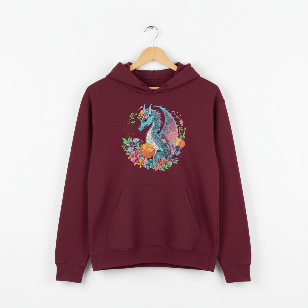 Blue Dragon &amp; Floral — Premium Embroidered Hoodie | Original EmbroMania Design