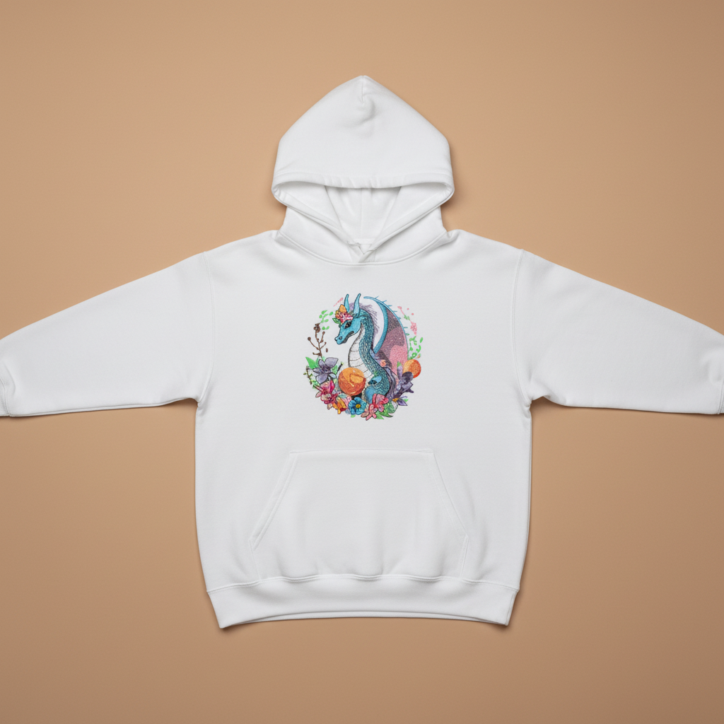 Blue Dragon &amp; Floral — Premium Embroidered Hoodie | Original EmbroMania Design