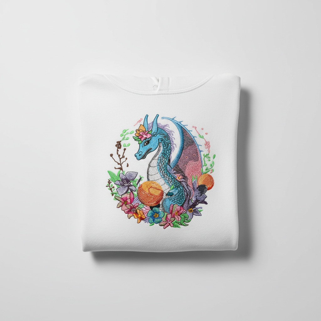 Blue Dragon &amp; Floral — Premium Embroidered Hoodie | Original EmbroMania Design