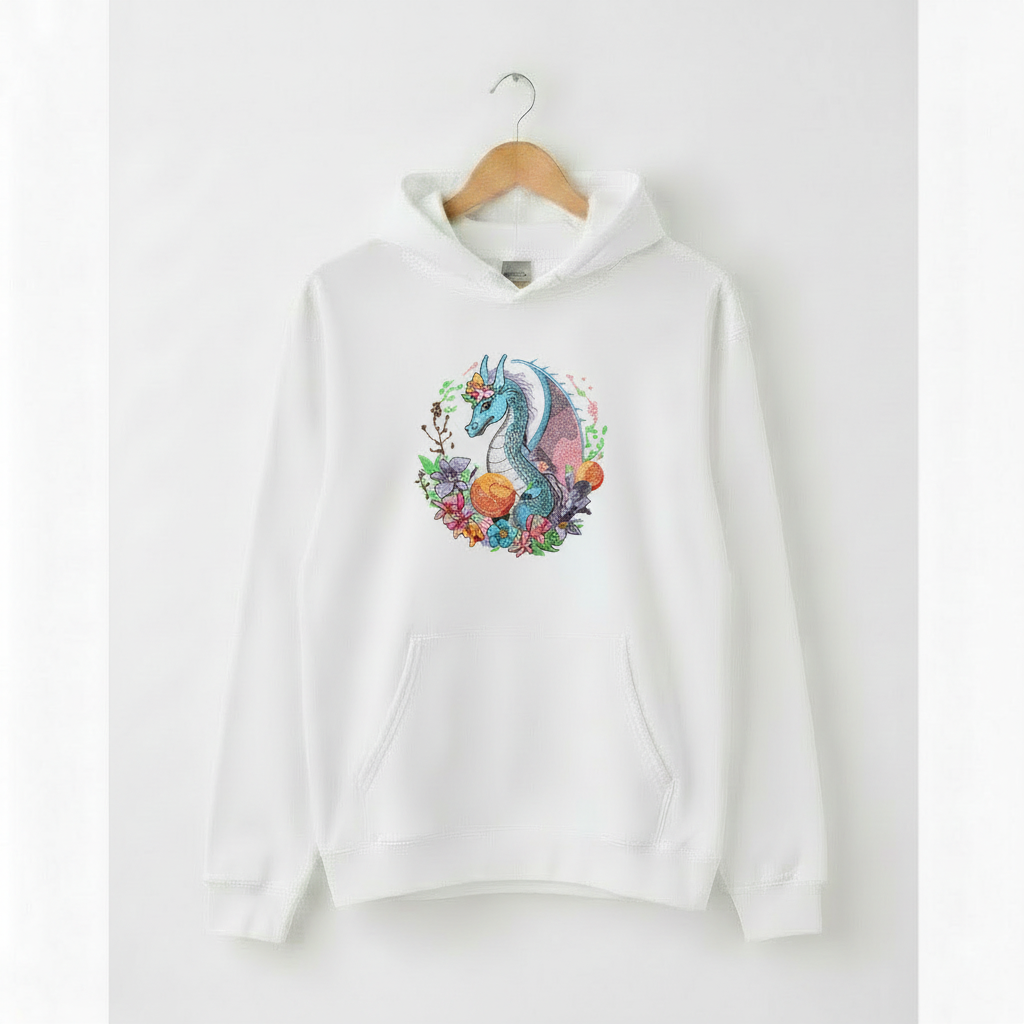 Blue Dragon &amp; Floral — Premium Embroidered Hoodie | Original EmbroMania Design