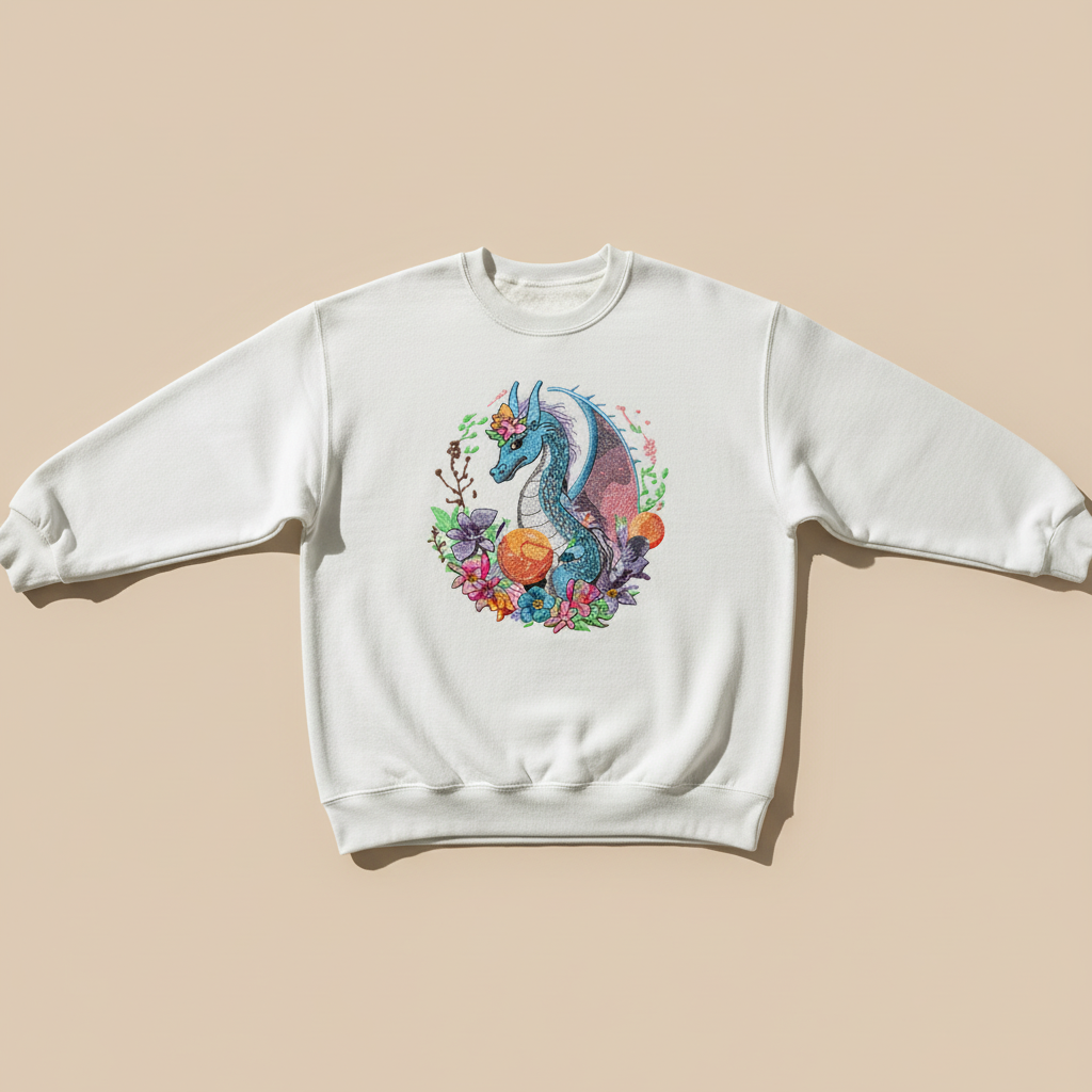 Midnight Garden Dragon — Premium Embroidered Sweatshirt | Original EmbroMania Design