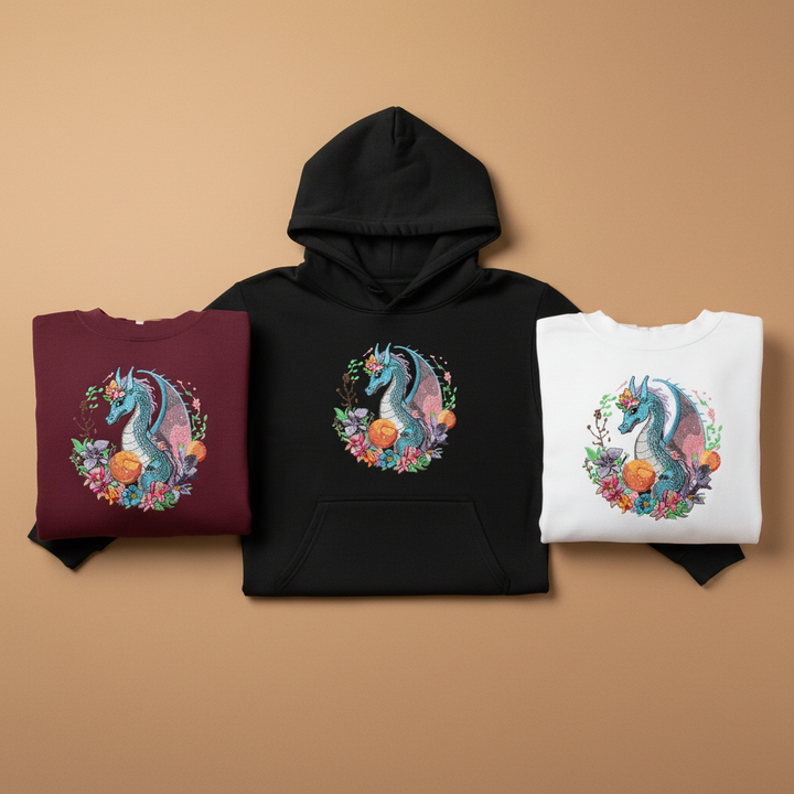 Blue Dragon &amp; Floral — Premium Embroidered Hoodie | Original EmbroMania Design