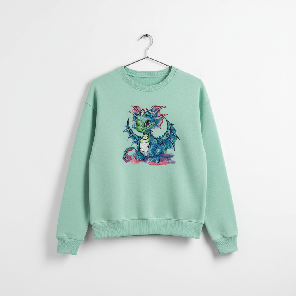 Playful Baby Dragon — Premium Embroidered Unisex Crewneck | Original EmbroMania Design