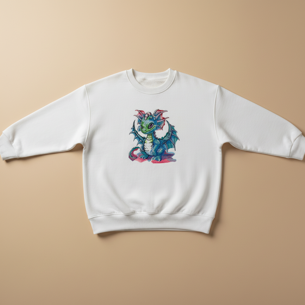 Playful Baby Dragon — Premium Embroidered Unisex Crewneck | Original EmbroMania Design