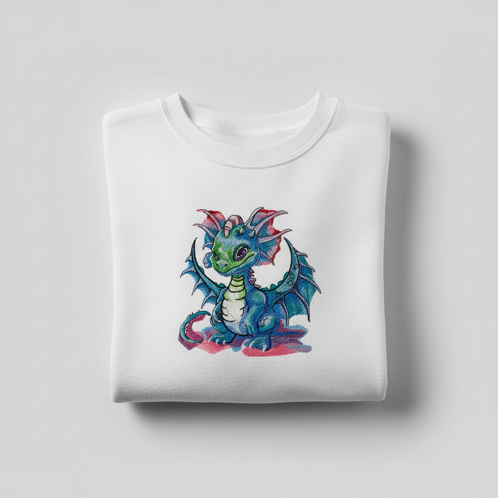 Playful Baby Dragon — Premium Embroidered Unisex Crewneck | Original EmbroMania Design