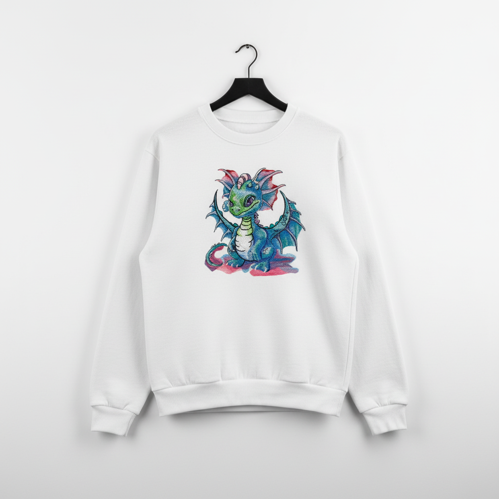 Playful Baby Dragon — Premium Embroidered Unisex Crewneck | Original EmbroMania Design