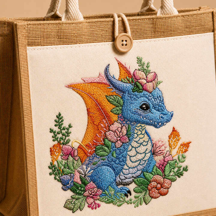 Embroidered dragon design on a beige bag with a button closure.