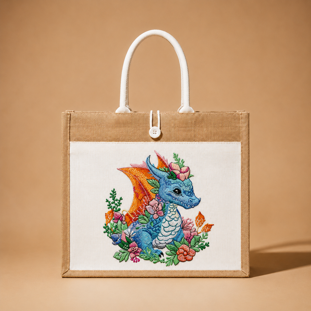 Tote bag with embroidered dragon design on a beige background