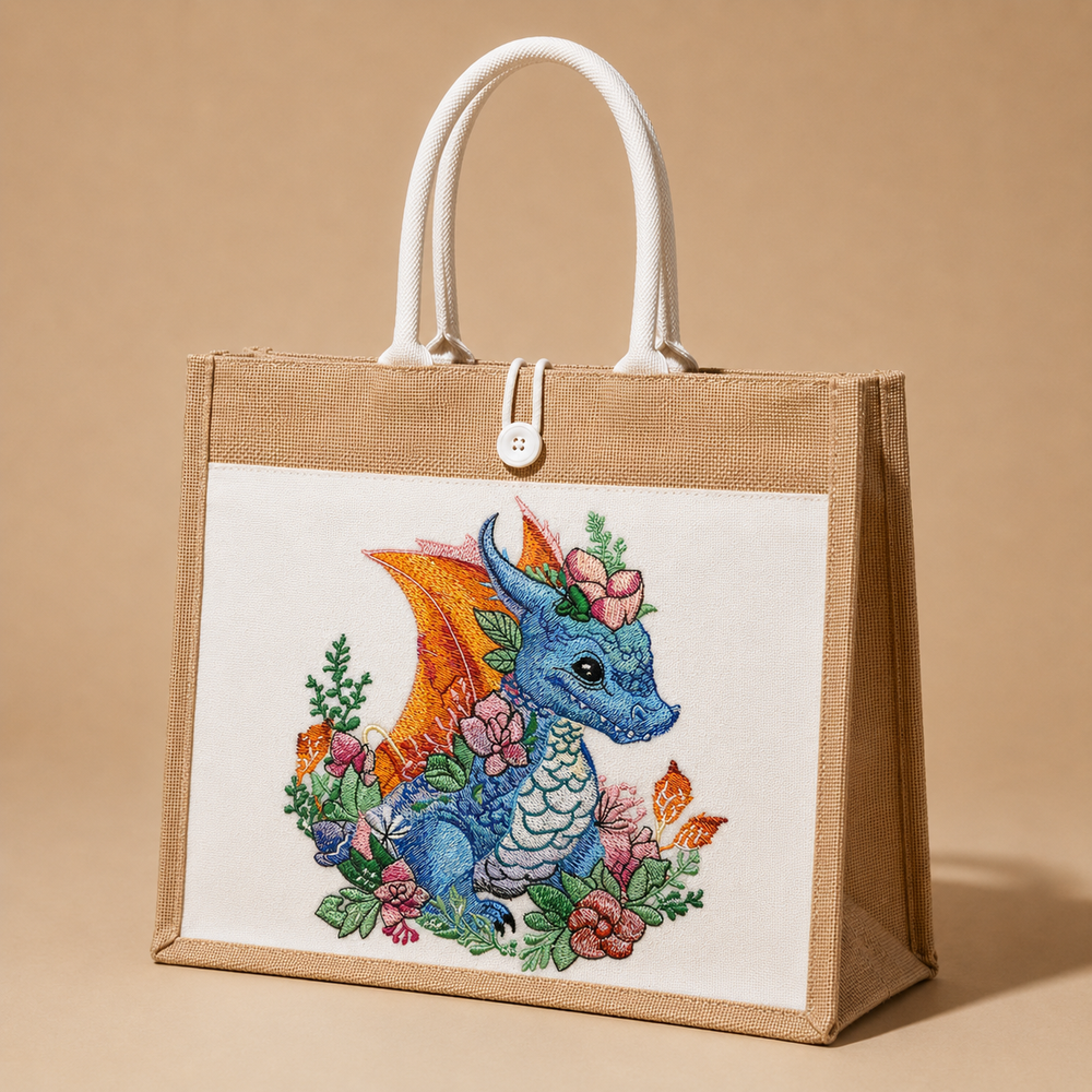 Jute bag with embroidered dragon design on a beige background