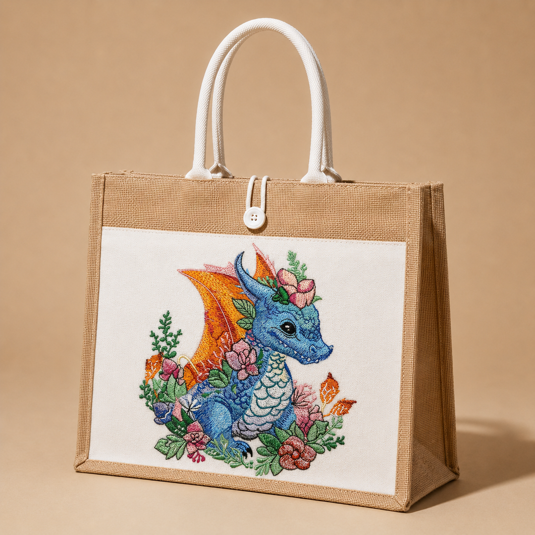 Jute bag with embroidered dragon design on a beige background