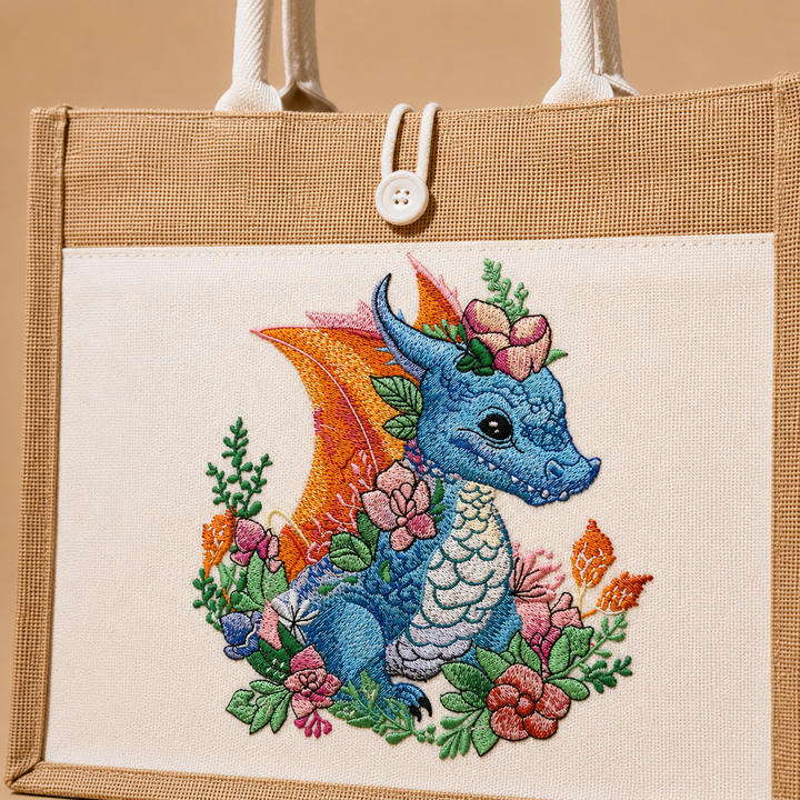 Tote bag with embroidered dragon design on a beige background