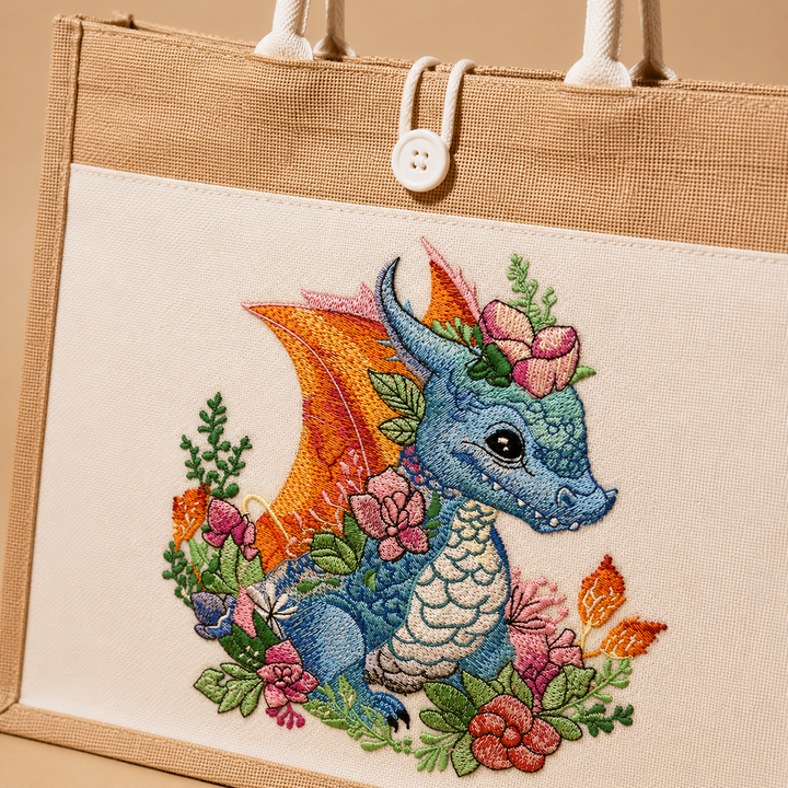Embroidered dragon design on a beige fabric background