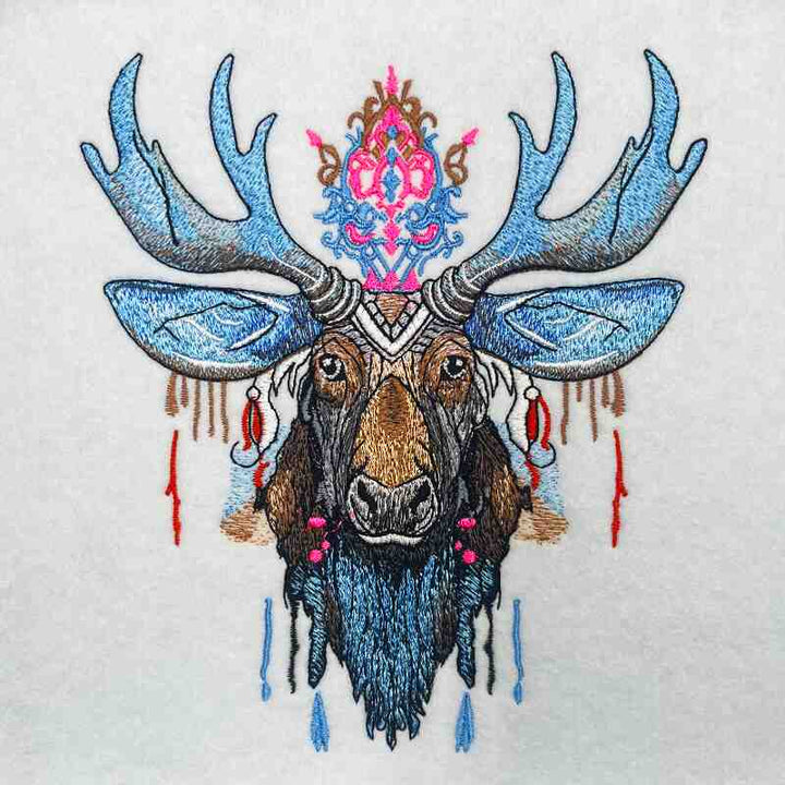 Bohemian moose embroidery on a jute tote bag, featuring intricate patterns and vibrant colors on the moose&