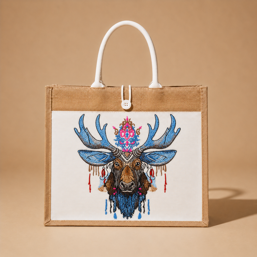 Tote bag with a deer head design on a beige background