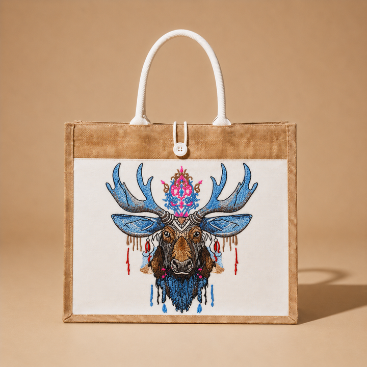 Tote bag with a deer head design on a beige background