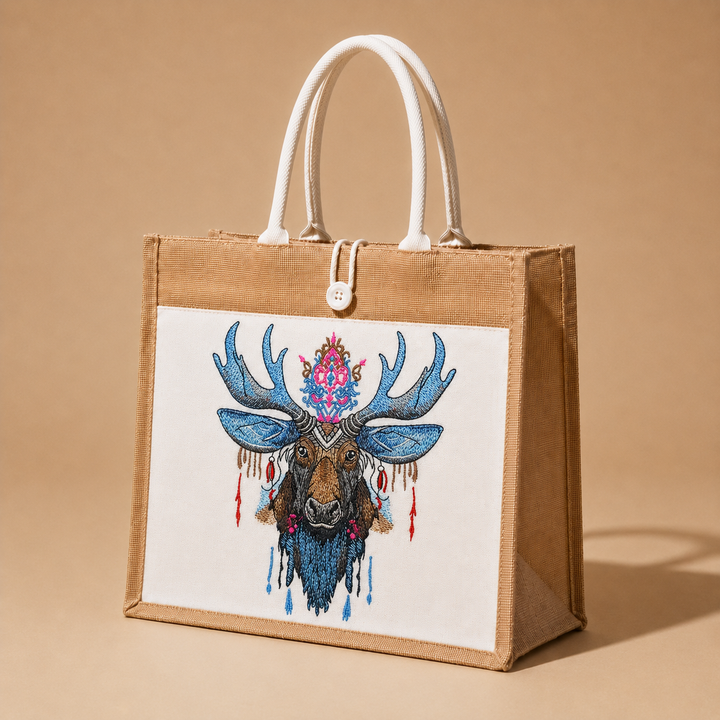 Jute bag with a decorative deer head design on a beige background