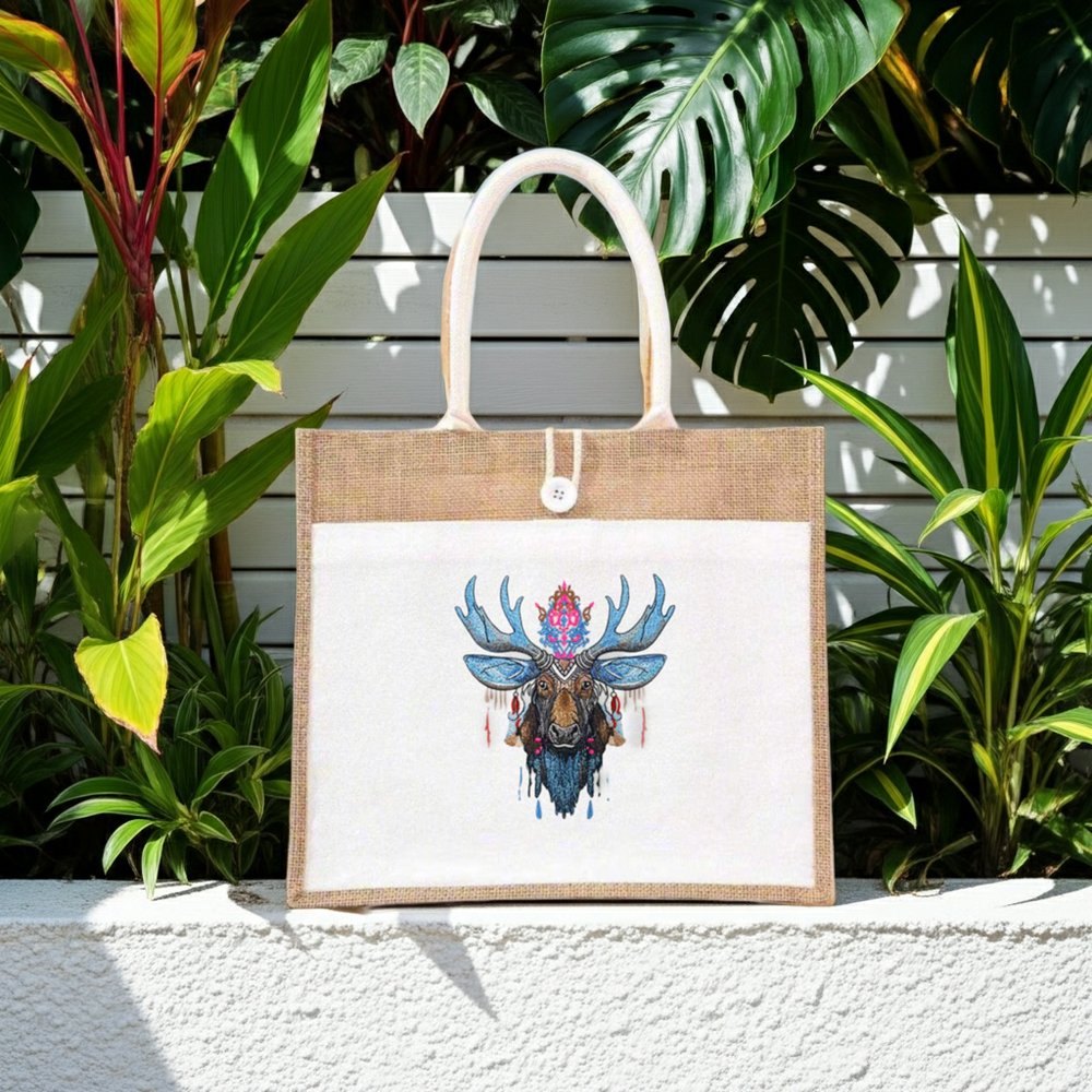 Natural jute tote handbag featuring a boho blue moose with tribal antlers embroidery design, displayed outdoors with lush green tropical plants and a white slatted backdrop.