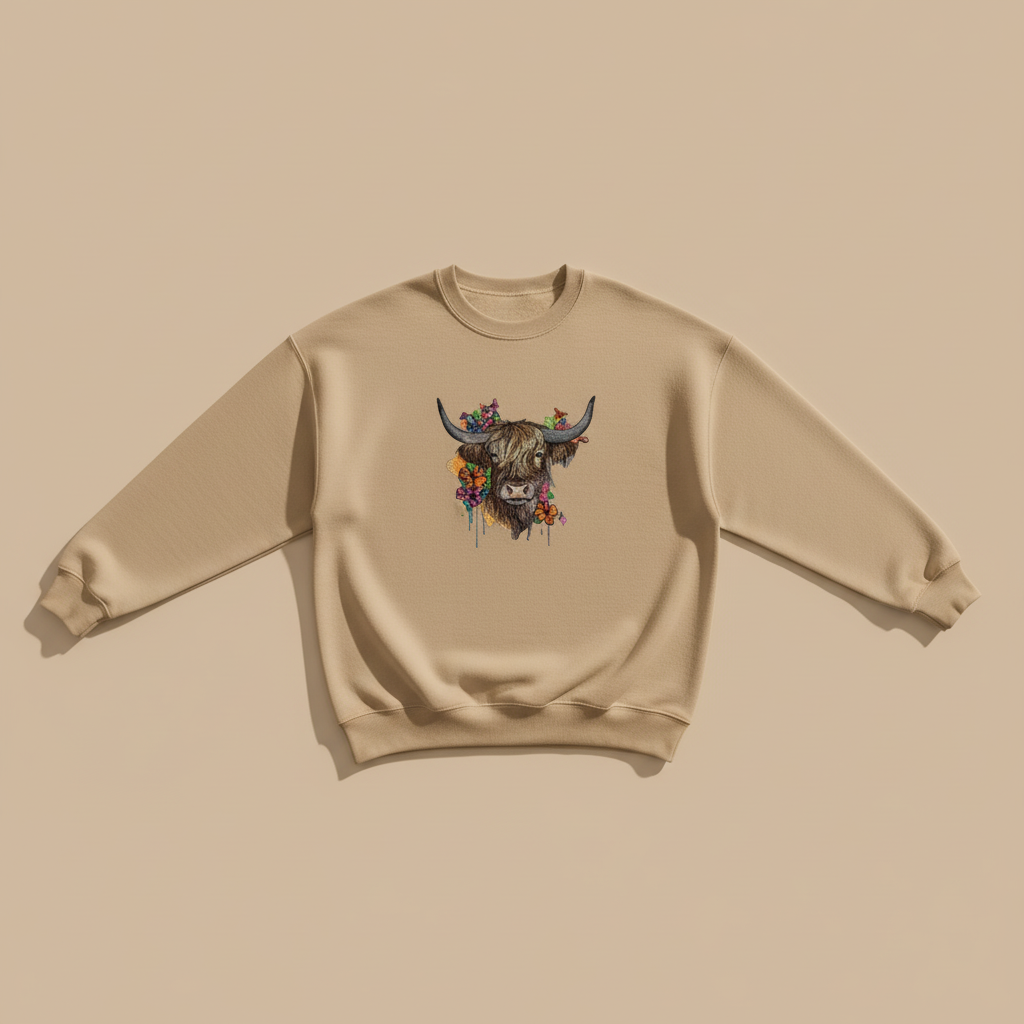 Boho Spirit Floral Highland Cow — Premium Embroidered Sweatshirt | Original EmbroMania Design