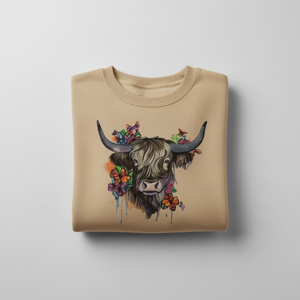 Boho Spirit Floral Highland Cow — Premium Embroidered Sweatshirt | Original EmbroMania Design