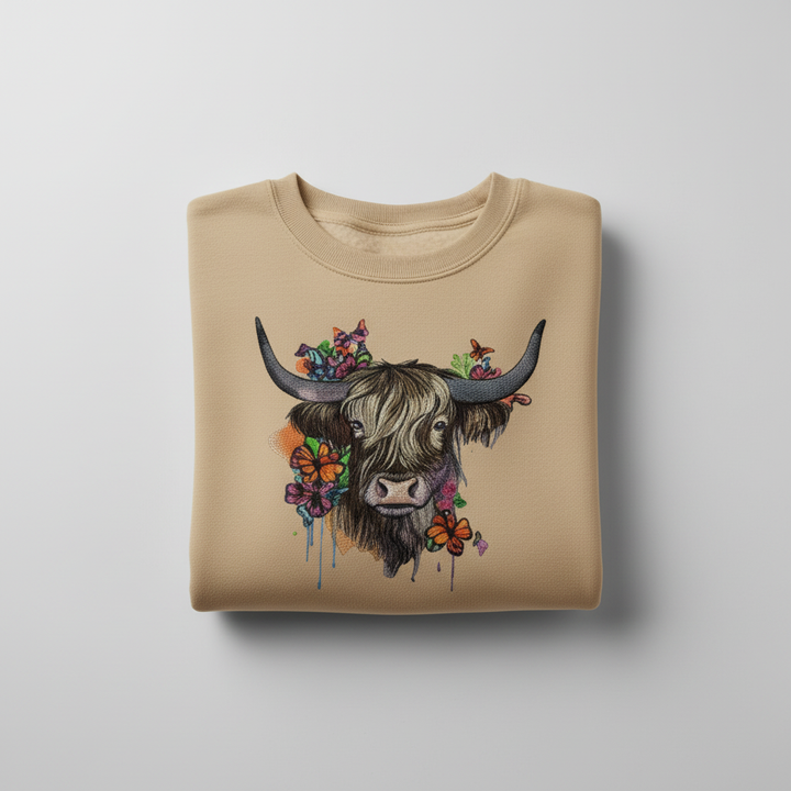 Boho Spirit Floral Highland Cow — Premium Embroidered Sweatshirt | Original EmbroMania Design