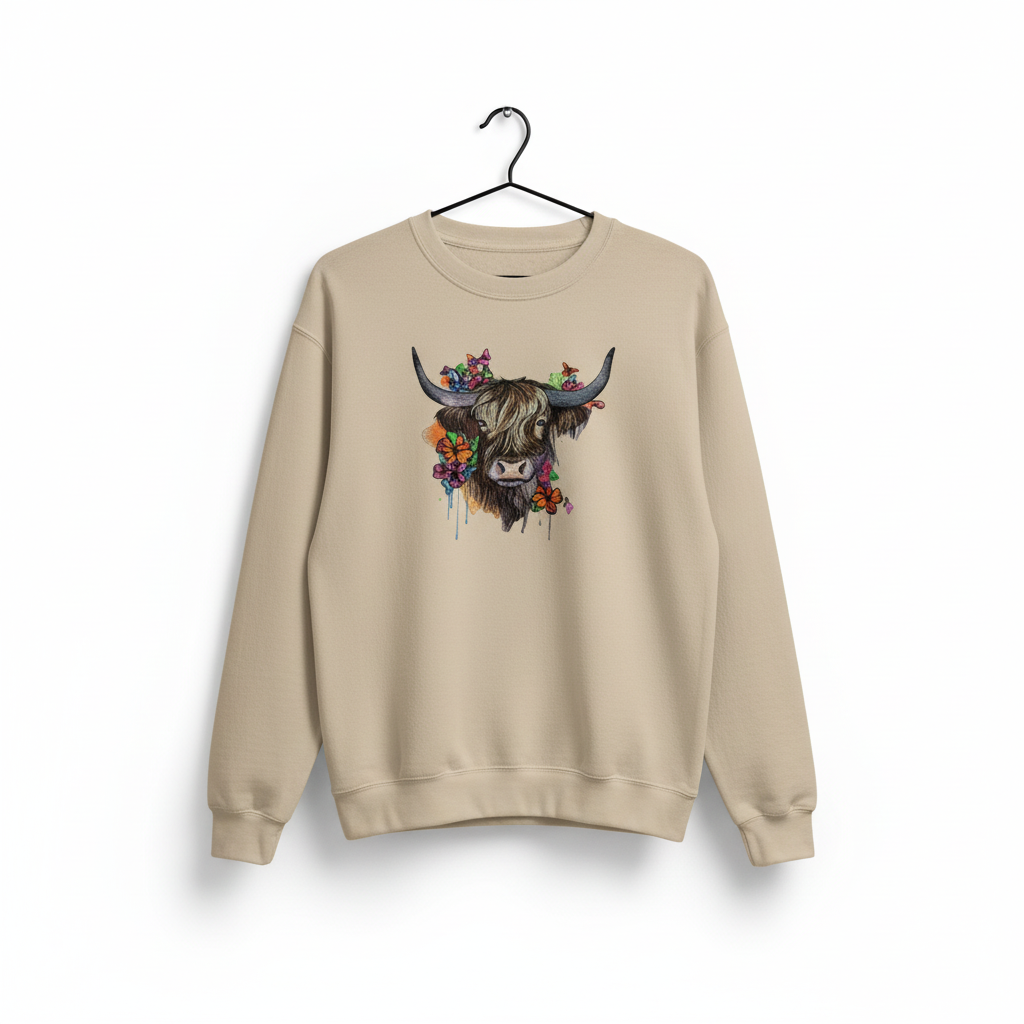 Boho Spirit Floral Highland Cow — Premium Embroidered Sweatshirt | Original EmbroMania Design