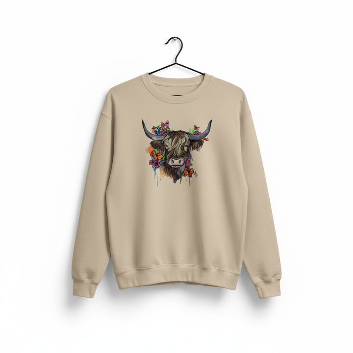 Boho Spirit Floral Highland Cow — Premium Embroidered Sweatshirt | Original EmbroMania Design