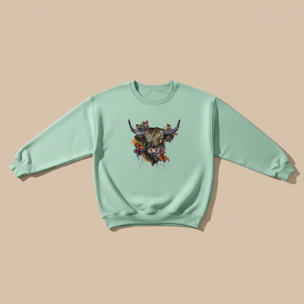 Boho Spirit Floral Highland Cow — Premium Embroidered Sweatshirt | Original EmbroMania Design