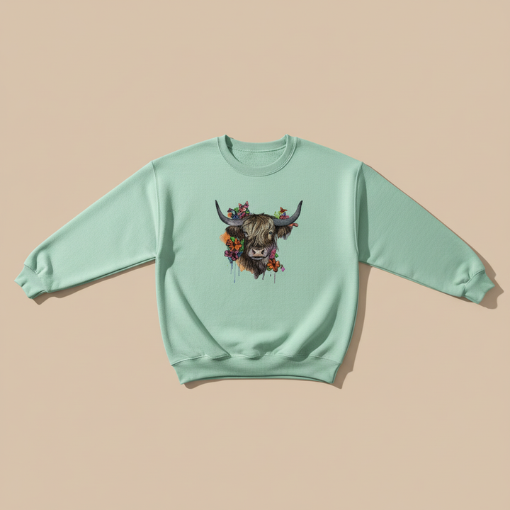Boho Spirit Floral Highland Cow — Premium Embroidered Sweatshirt | Original EmbroMania Design
