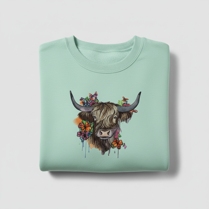 Boho Spirit Floral Highland Cow — Premium Embroidered Sweatshirt | Original EmbroMania Design