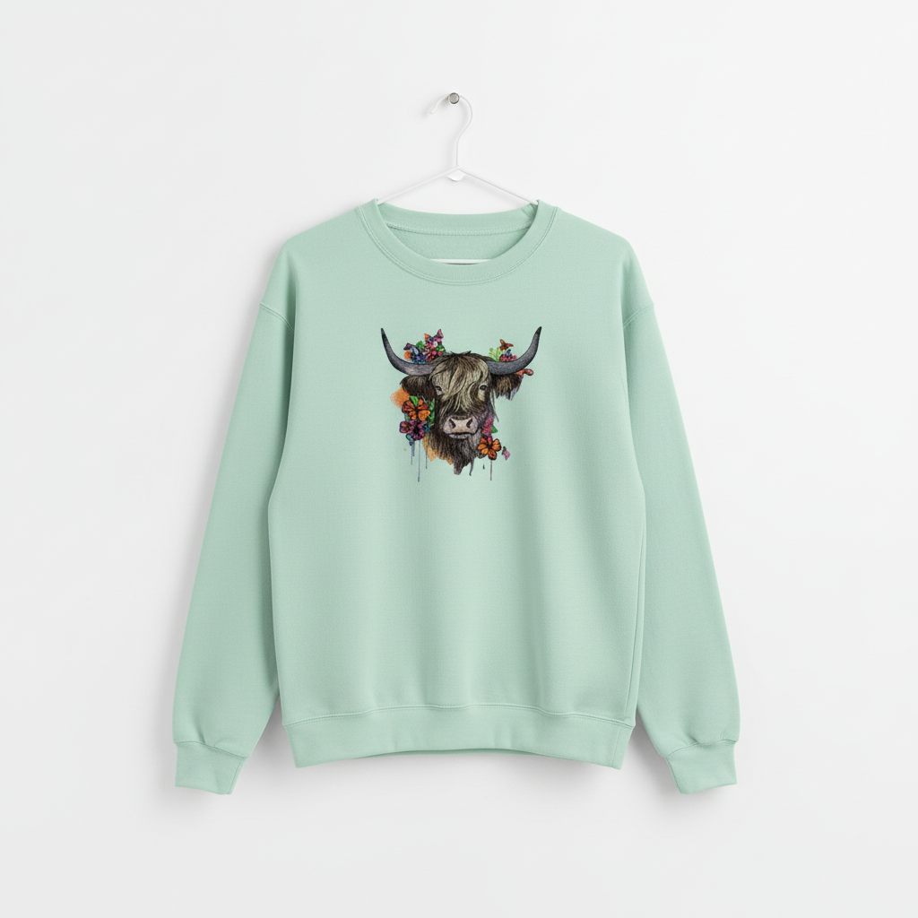 Boho Spirit Floral Highland Cow — Premium Embroidered Sweatshirt | Original EmbroMania Design