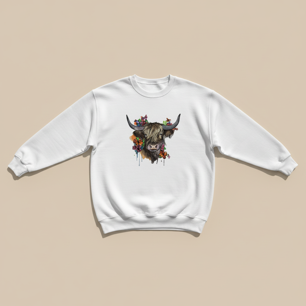 Boho Spirit Floral Highland Cow — Premium Embroidered Sweatshirt | Original EmbroMania Design