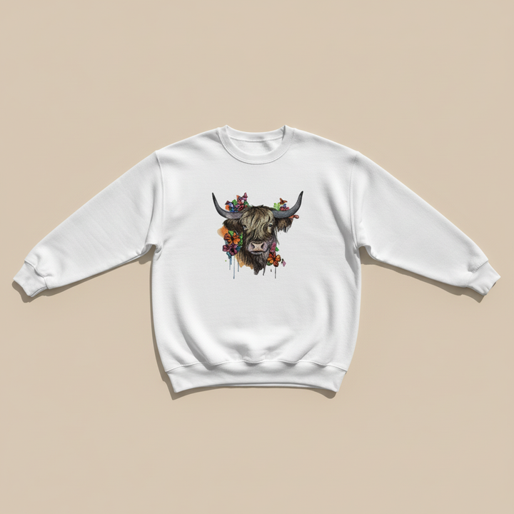 Boho Spirit Floral Highland Cow — Premium Embroidered Sweatshirt | Original EmbroMania Design