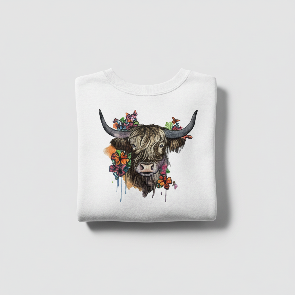 Boho Spirit Floral Highland Cow — Premium Embroidered Sweatshirt | Original EmbroMania Design