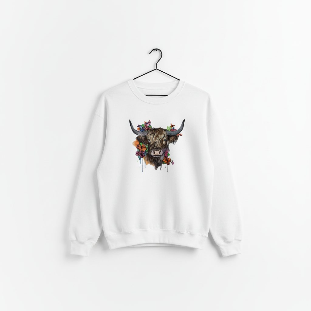 Boho Spirit Floral Highland Cow — Premium Embroidered Sweatshirt | Original EmbroMania Design