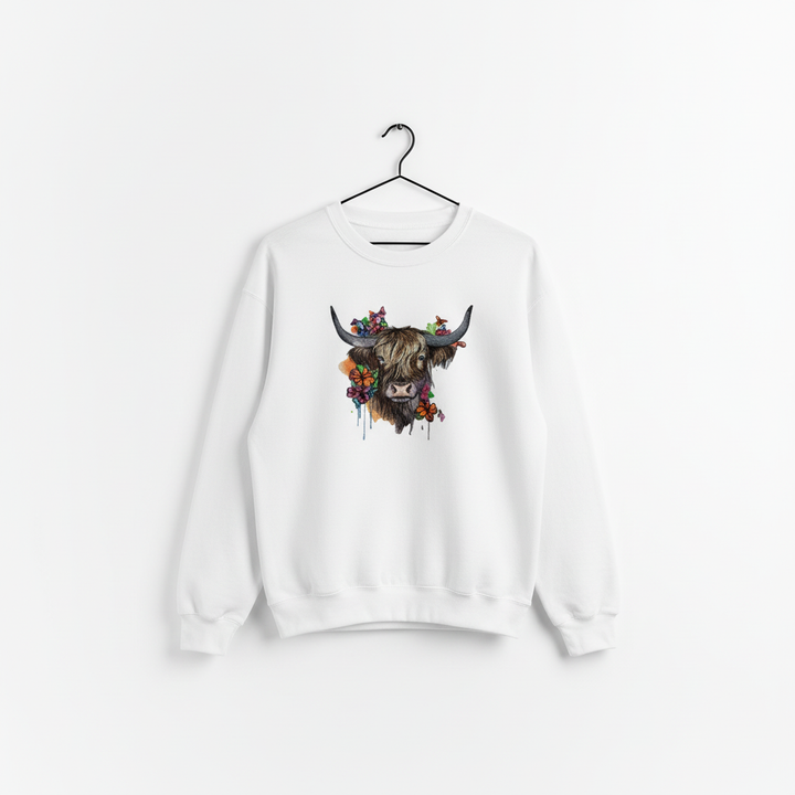Boho Spirit Floral Highland Cow — Premium Embroidered Sweatshirt | Original EmbroMania Design