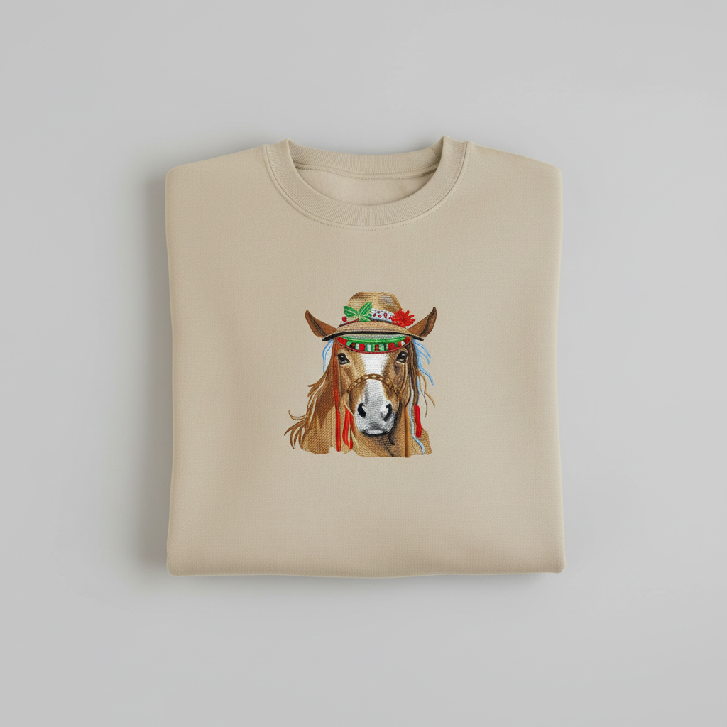 Boho Spirit Horse — Premium Embroidered Sweatshirt | Original EmbroMania Design