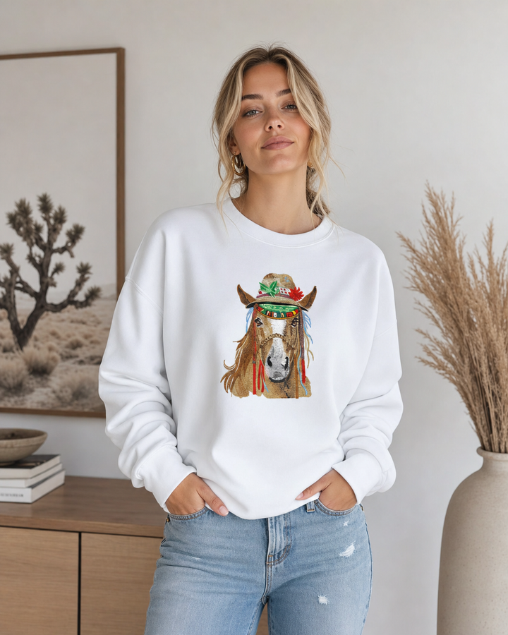Boho Spirit Horse Machine Embroidered Sweatshirt – Hand Finished in Dubai | EmbroMania