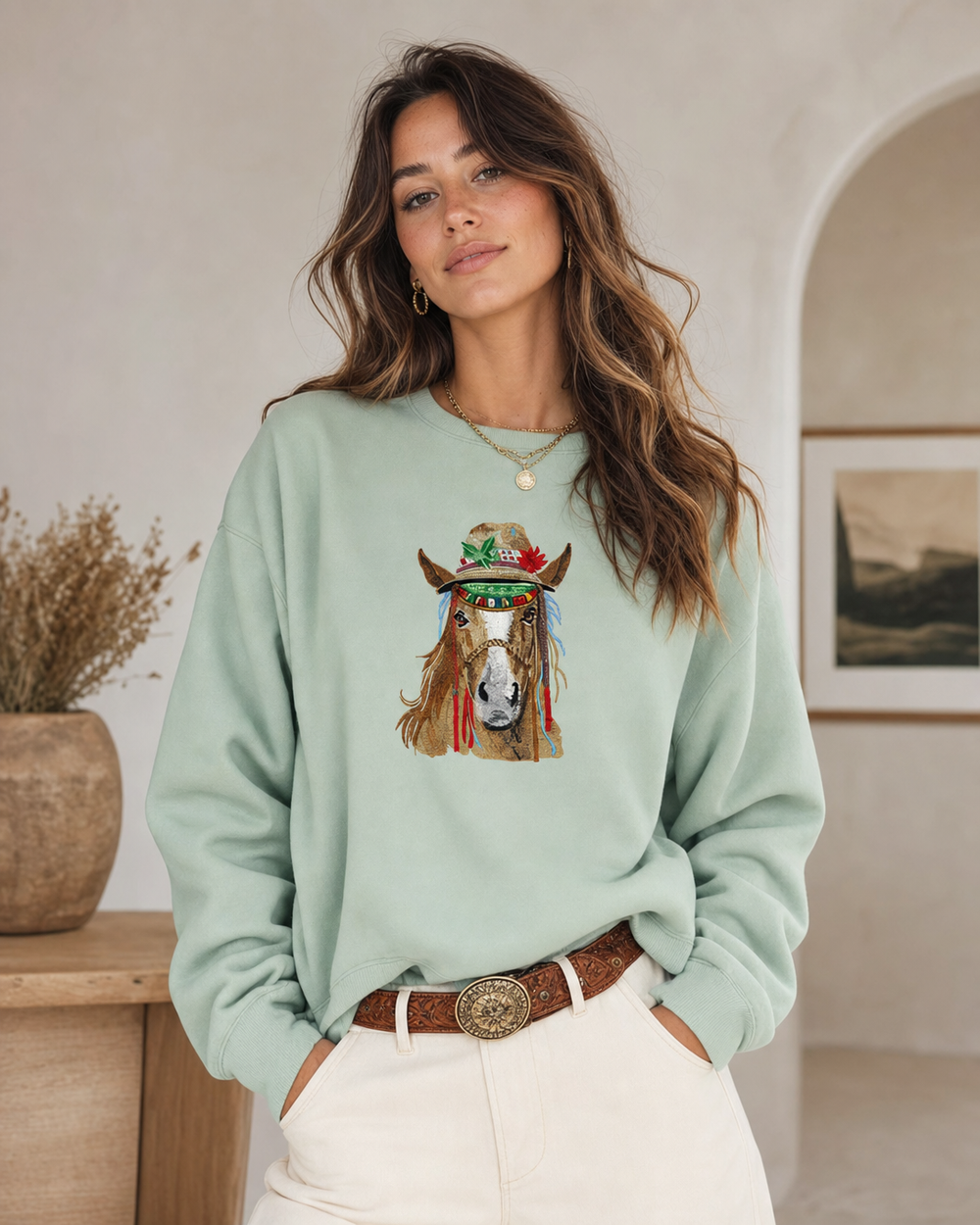 Boho Spirit Horse Machine Embroidered Sweatshirt – Hand Finished in Dubai | EmbroMania