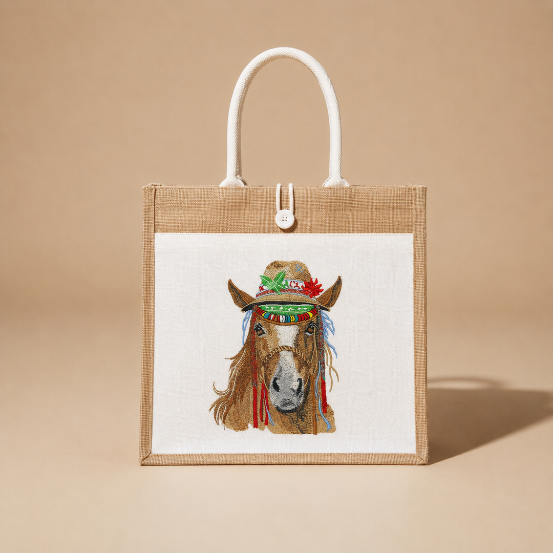 Boho Spirit Horse Machine Embroidered Jute Tote – Hand Finished in Dubai | EmbroMania