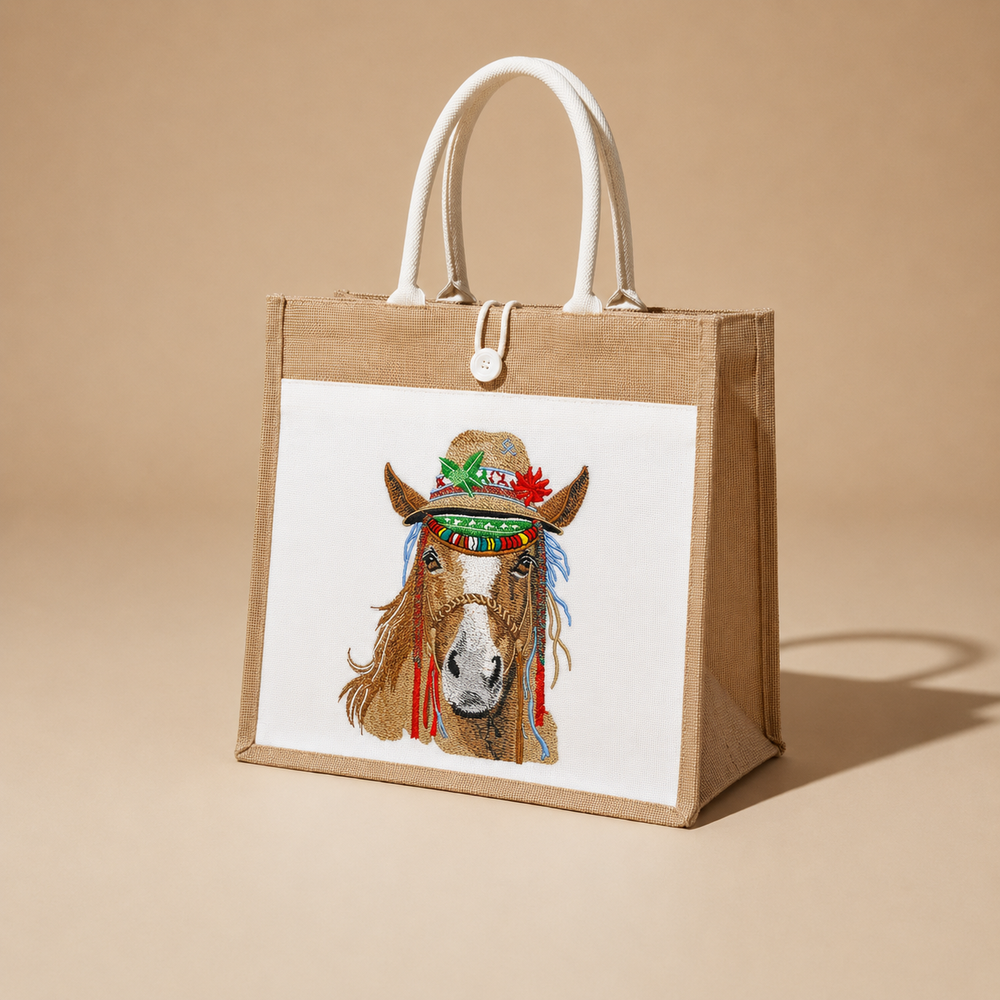 Brown jute bag with a horse illustration on a beige background