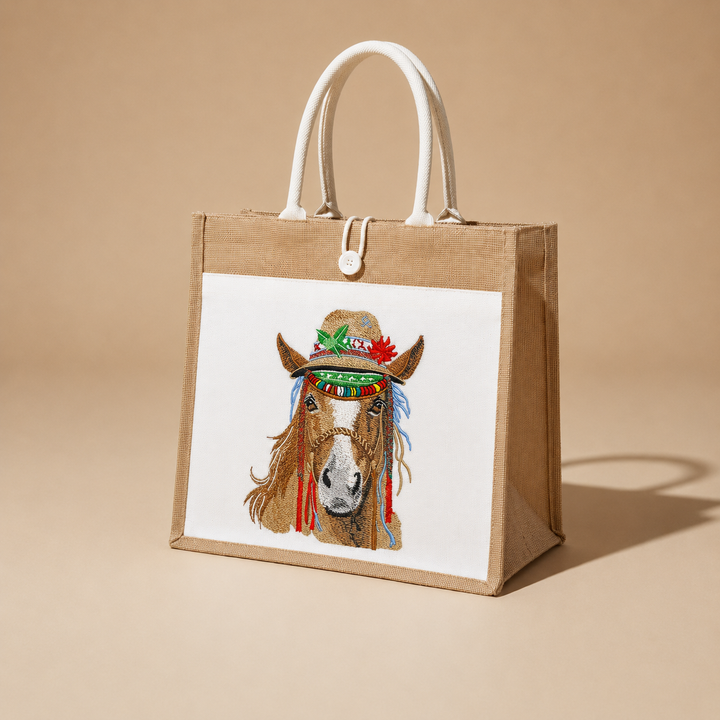 Brown jute bag with a horse illustration on a beige background