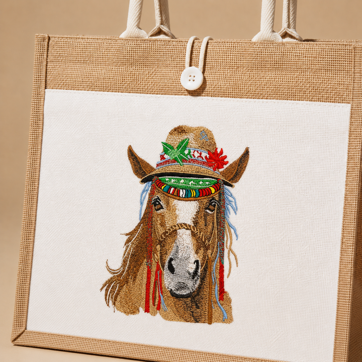 Tote bag with embroidered horse design wearing a colorful headband on a beige background