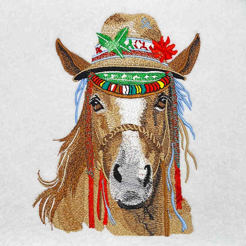 Embroidered design of a horse wearing a colorful hat on a white background