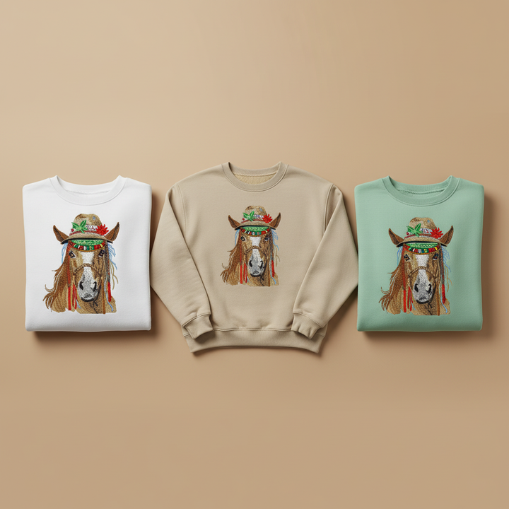Boho Spirit Horse — Premium Embroidered Sweatshirt | Original EmbroMania Design