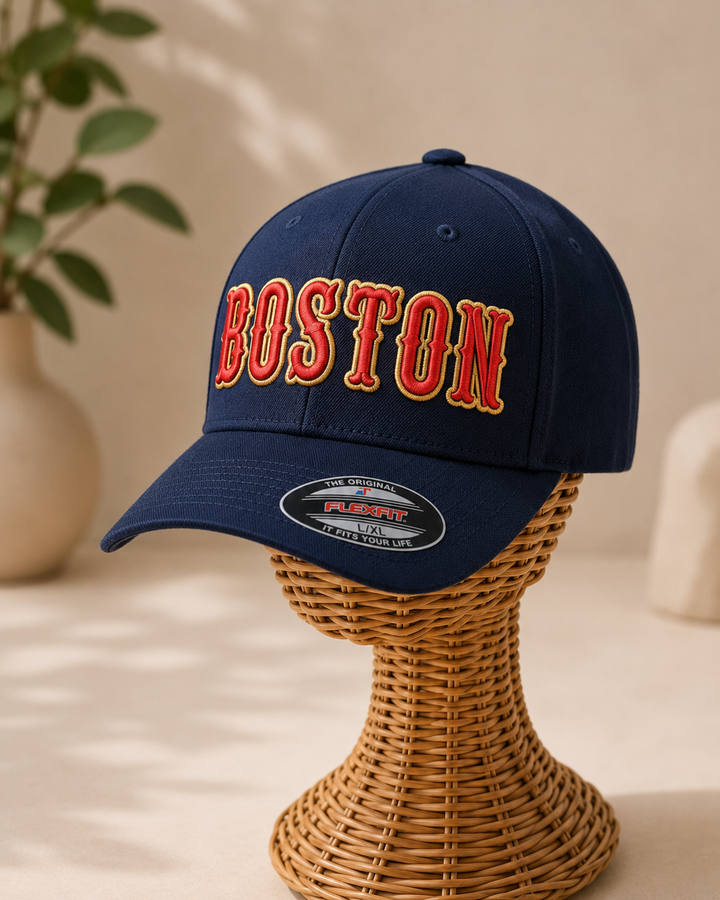 Bold &amp; Confident – Boston 3D Puff Custom Cap Font · Navy Blue + Red &amp; Gold | Hand Finished in Dubai | EmbroMania