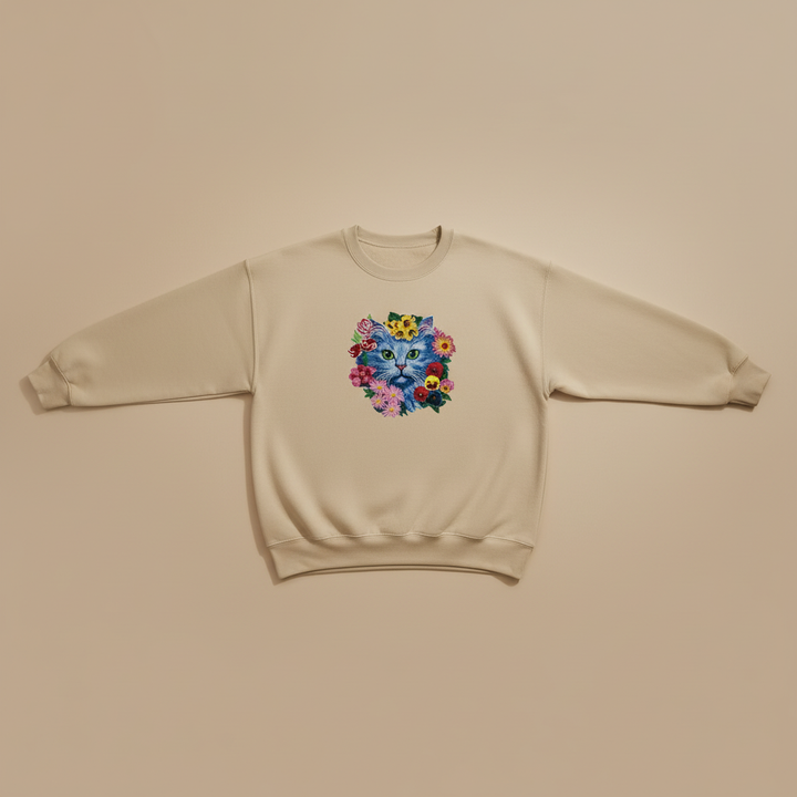 Artistic Botanical Blue Floral Cat — Premium Embroidered Sweatshirt | Original EmbroMania Design