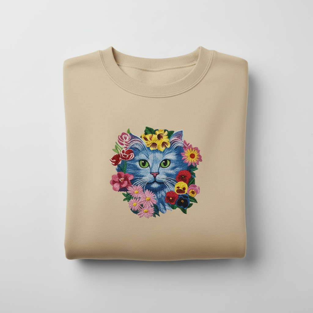 Artistic Botanical Blue Floral Cat — Premium Embroidered Sweatshirt | Original EmbroMania Design