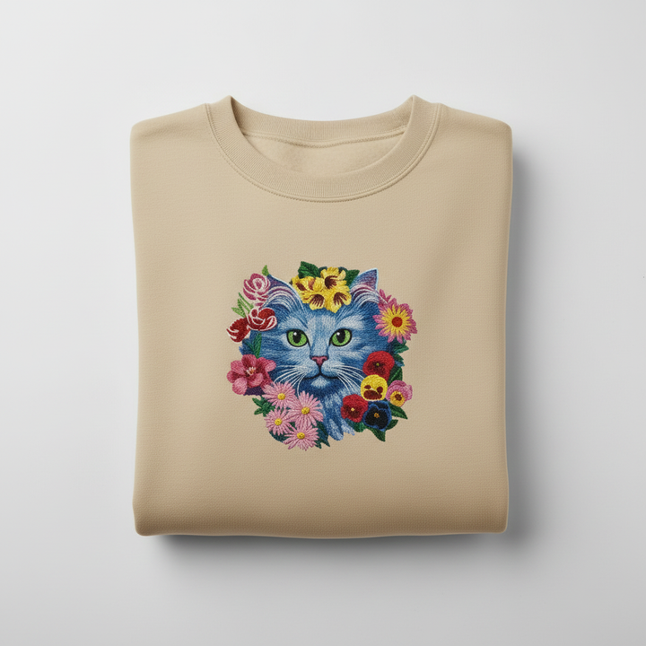 Artistic Botanical Blue Floral Cat — Premium Embroidered Sweatshirt | Original EmbroMania Design