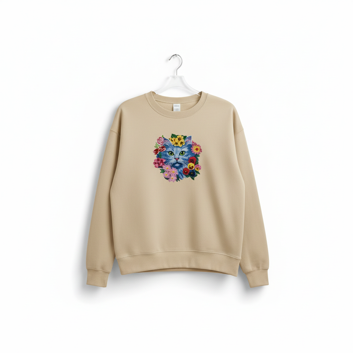 Artistic Botanical Blue Floral Cat — Premium Embroidered Sweatshirt | Original EmbroMania Design